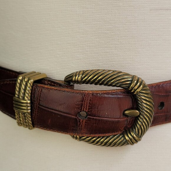 Vintage Brighton 50108 Croc Embossed Brown Leather Brass Buckle Belt Size S - Picture 2 of 14